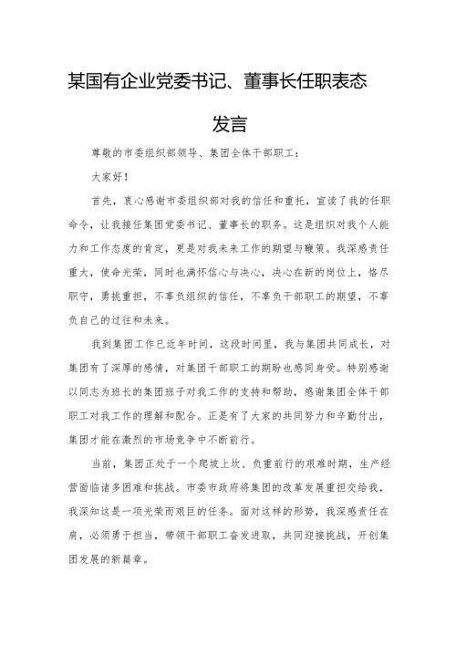 某国有企业党委书记、董事长任职表态发言.docx