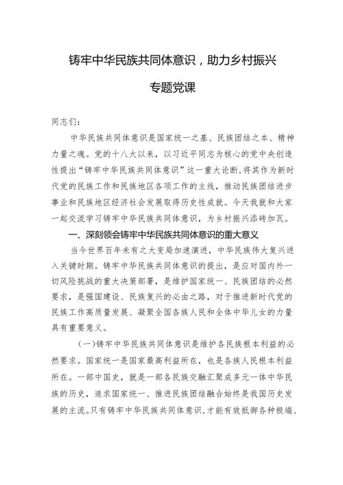 铸牢中华民族共同体意识助力乡村振兴专题党课.docx