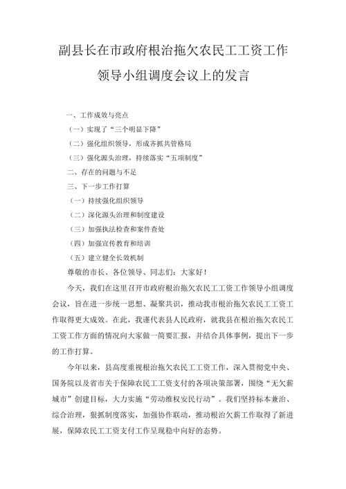 副县长在市政府根治拖欠农民工工资工作领导小组调度会议上的 发言.docx