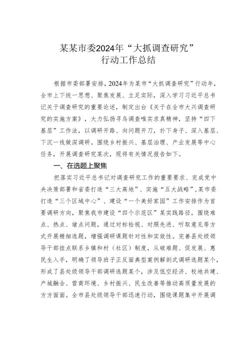 某某市委2024年“大抓调查研究”行动工作总结.docx