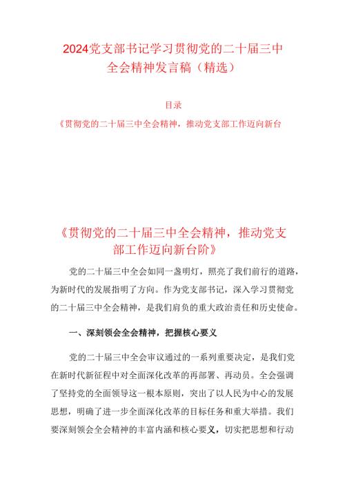 2024党支部书记学习贯彻党的二十届三中全会精神发言稿.docx