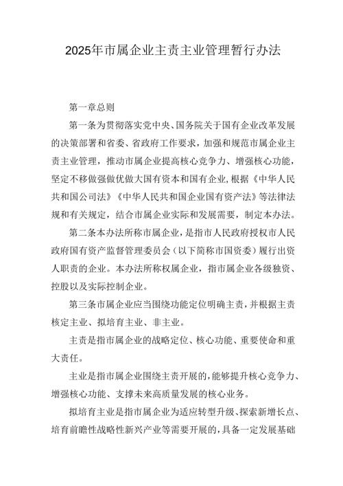 2025年市属企业主责主业管理暂行办法.docx