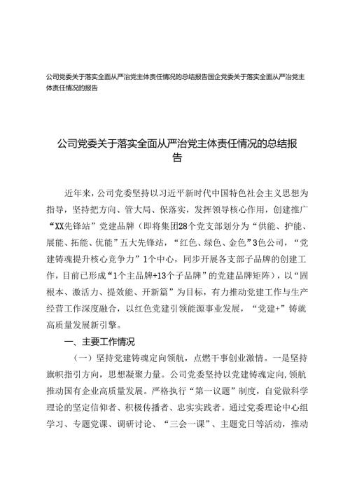 2024年公司党委、国企党委关于落实全面从严治党主体责任情况的总结报告.docx