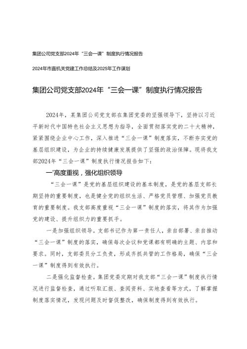 公司党支部2024年“三会一课”制度执行情况报告+2024年市直机关党建工作总结及2025年工作谋划.docx