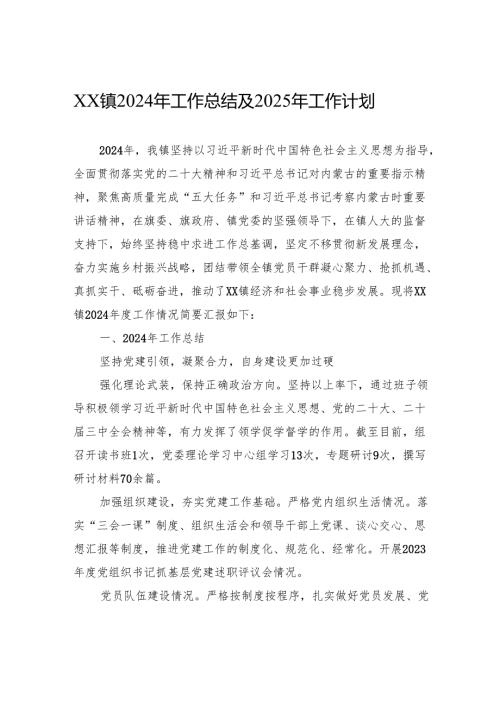 XX镇2024年工作总结及2025年工作计划(20241030).docx