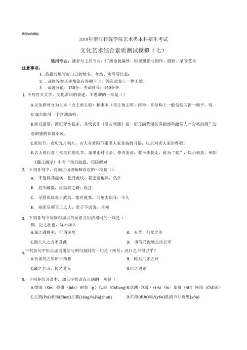 2019年浙江传媒学院艺术类本科招生考试文化笔艺术综合素质测试(七).docx