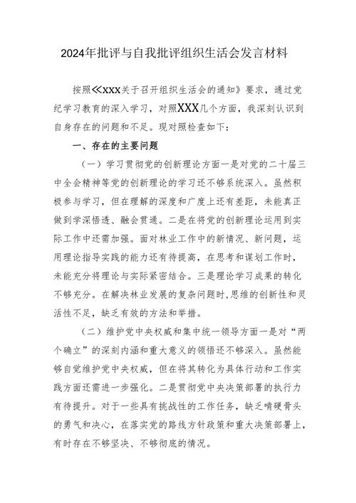 2024年批评与自我批评组织生活会发言材料2_4.docx