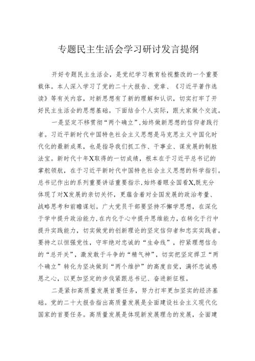 专题民主生活会学习研讨发言提纲.docx