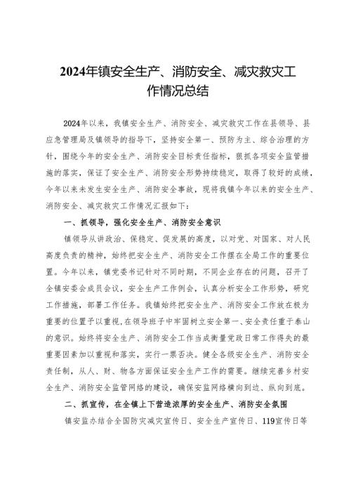 2024年X镇安全生产、消防安全、减灾救灾工作情况总结.docx
