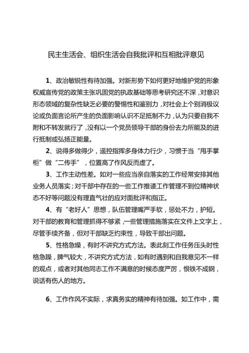 2024年民主生活会、组织生活会自我批评和互相批评意见（2篇）.docx