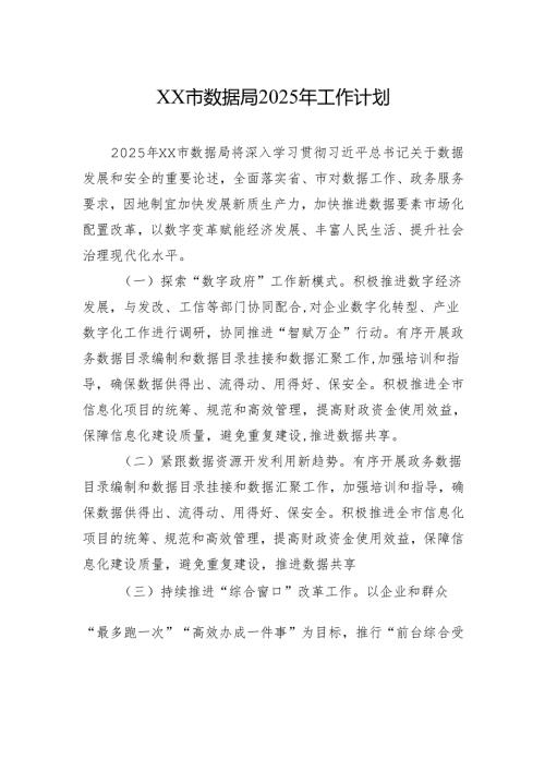 XX市数据局2025年工作计划.docx
