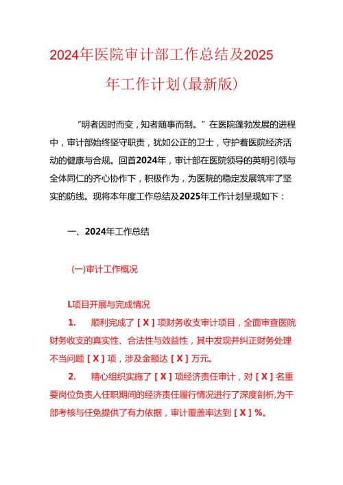 2024年医院审计部工作总结及2025年工作计划（最新版）.docx