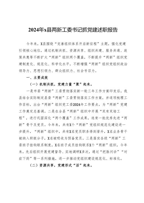 2024年县两新工委书记抓党建述职报告.docx