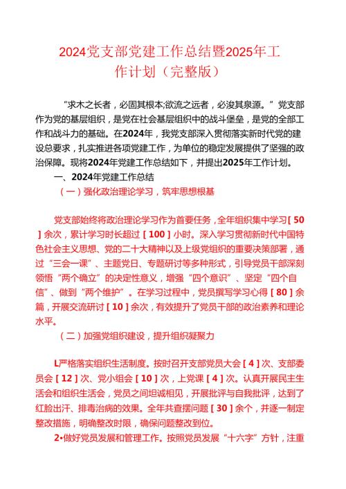 2024党支部党建工作总结暨2025年工作计划（完整版）.docx