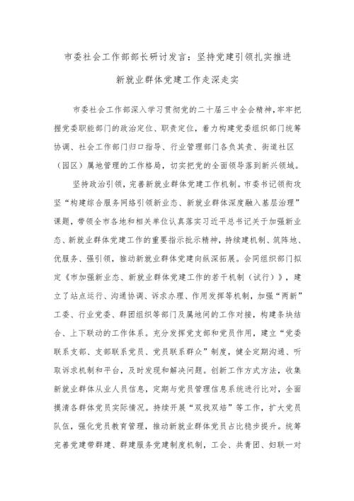 市委社会工作部部长研讨发言：坚持党建引领 扎实推进新就业群体党建工作走深走实.docx