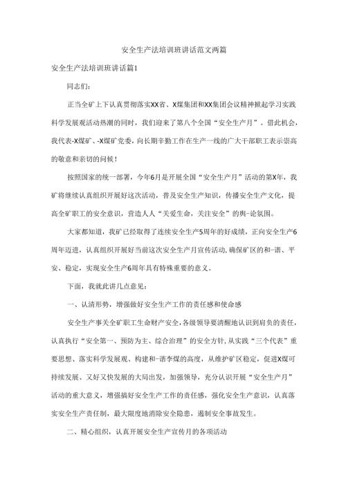 安全生产法培训班讲话范文两篇.docx