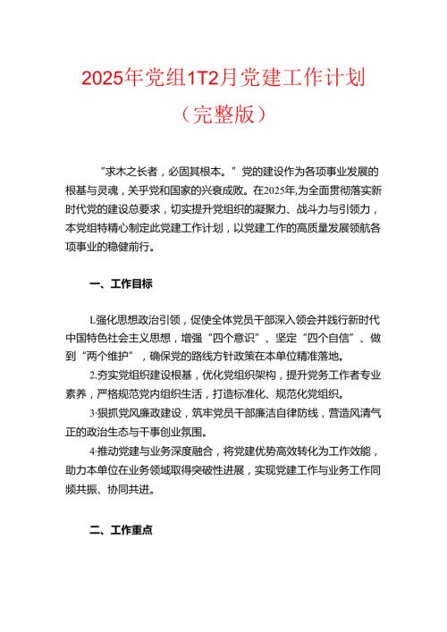 2025年X党组1-12月党建工作计划（完整版）.docx