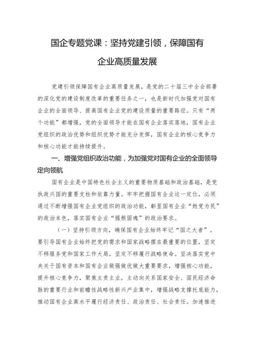 国企专题党课：坚持党建引领保障国有企业高质量发展.docx