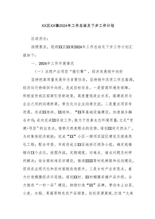 XX区XX镇2024年工作总结及下步工作计划.docx