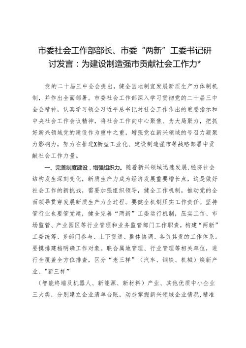 市委社会工作部部长、市委“两新”工委书记研讨发言：为建设制造强市贡献社会工作力量.docx