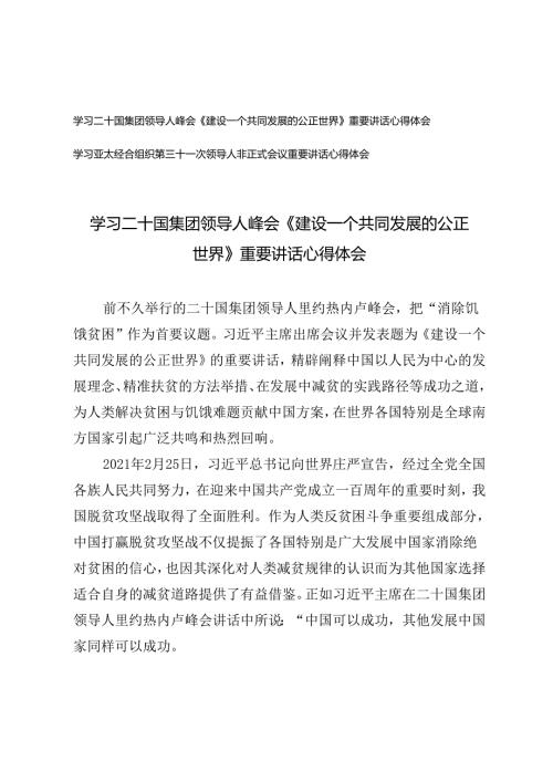 学习二十国集团领导人峰会《建设一个共同发展的公正世界》重要讲话心得体会+学习亚太经合组织第三十一次领导人非正式会议重要讲话心得体会.docx