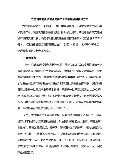 云南省政府投资基金支持产业高质量发展实施方案.docx
