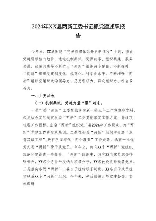 2024年XX县两新工委书记抓党建述职报告.docx