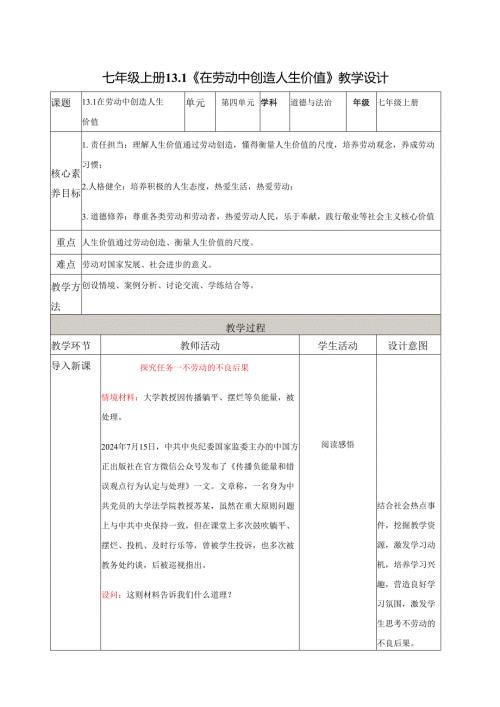 全国赛课一等奖初中统编版七年级道德与法治上册《在劳动中创造人生价值》教学设计.docx