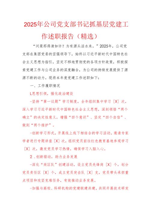 2025年公司党支部书记抓基层党建工作述职报告（精选）.docx