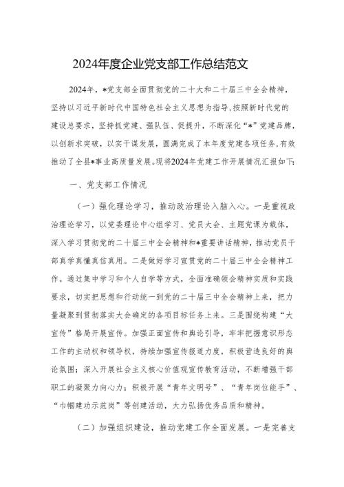 2024年度企业党支部工作总结范文.docx