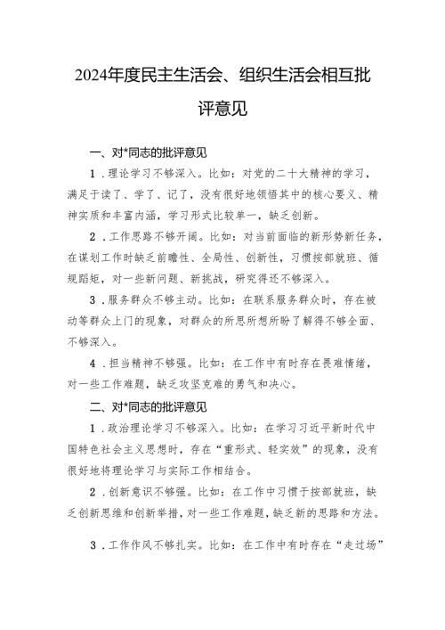 2024年度民主生活会、组织生活会相互批评意见.docx