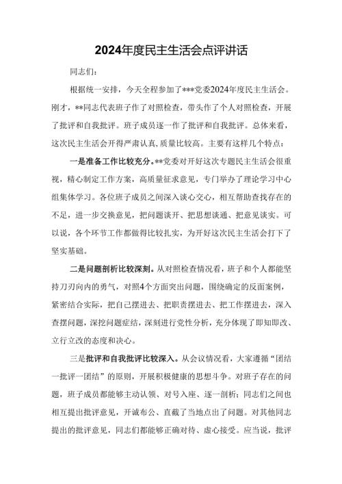 2024年度民主生活会点评讲话.docx