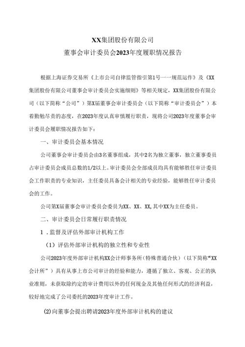 XX集团股份有限公司董事会审计委员会2023年度履职情况报告（2024年）.docx