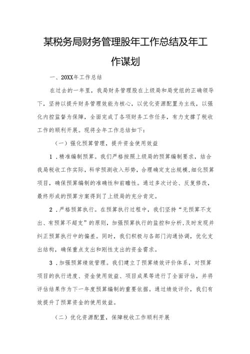 某税务局财务管理股年工作总结及年工作谋划.docx
