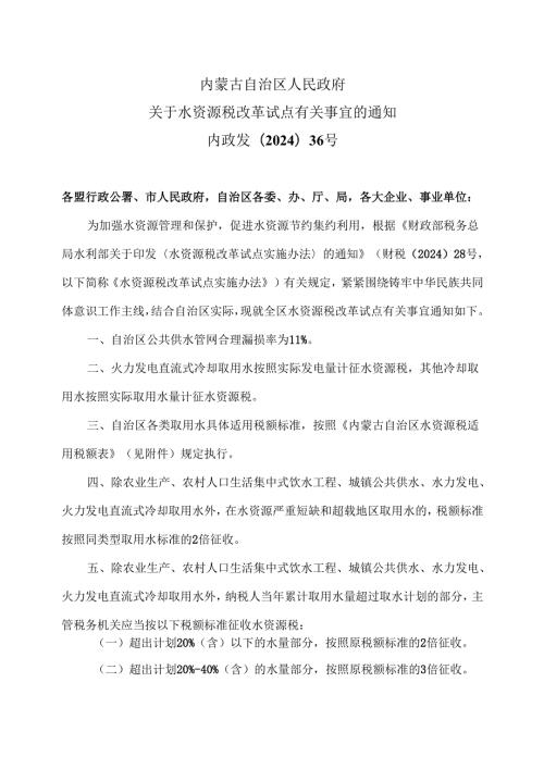 内蒙古关于水资源税改革试点有关事宜的通知（2024年）.docx