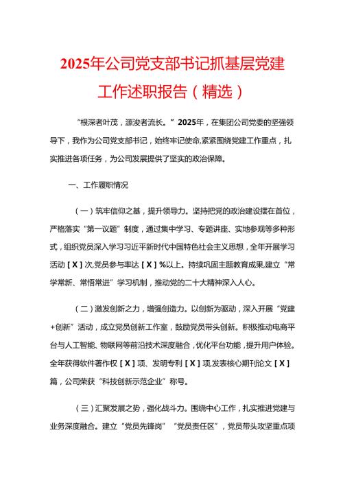 2025 年公司党支部书记抓基层党建工作述职报告（精选）.docx