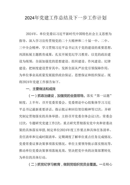 2024年公司《党建》工作总结及下一步工作计划（合计5份）.docx