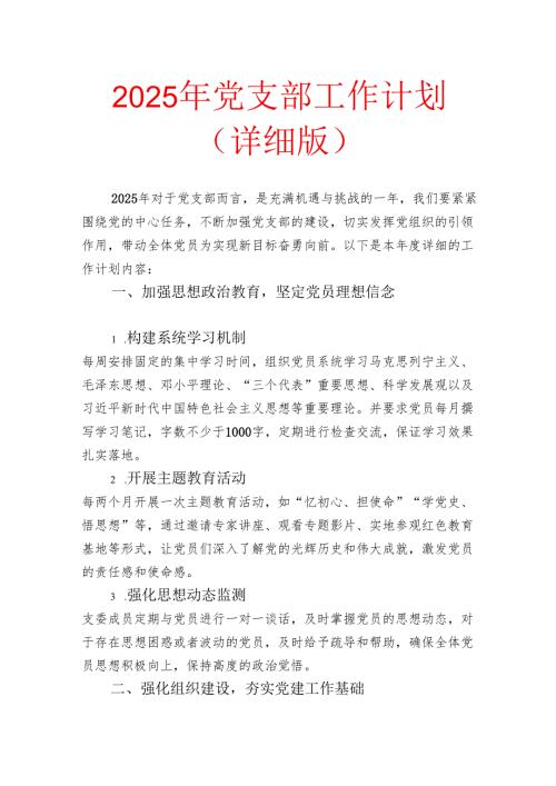 2025 年党支部工作计划（详细版）.docx