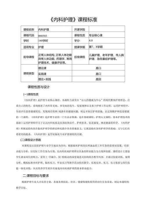 《成人护理内科》（内科护理）课程标准.docx