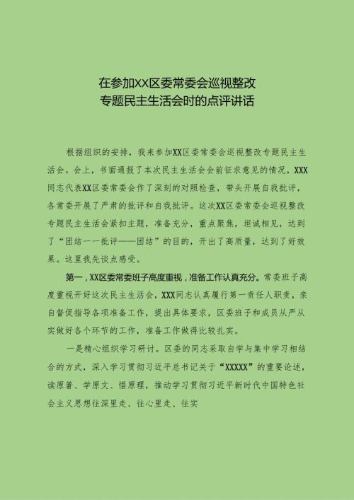 在参加区委常委会巡视整改专题民主生活会时的点评讲话.docx