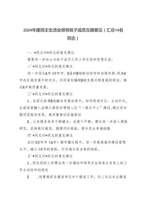 2024年度民主生活会领导班子成员互提意见汇总（14名同志）.docx