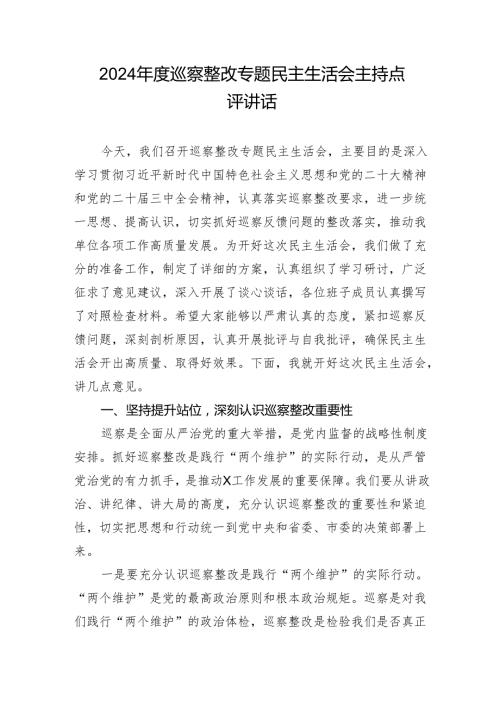 2024年度巡察整改专题民主生活会主持点评讲话.docx