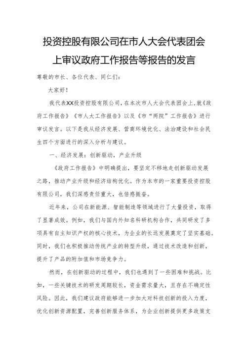 投资控股有限公司在市人大会代表团会上审议政府工作报告等报告的发言.docx