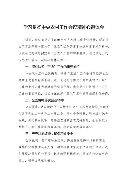 2024年中央农村工作会议精神心得体会交流发言材料八篇.docx