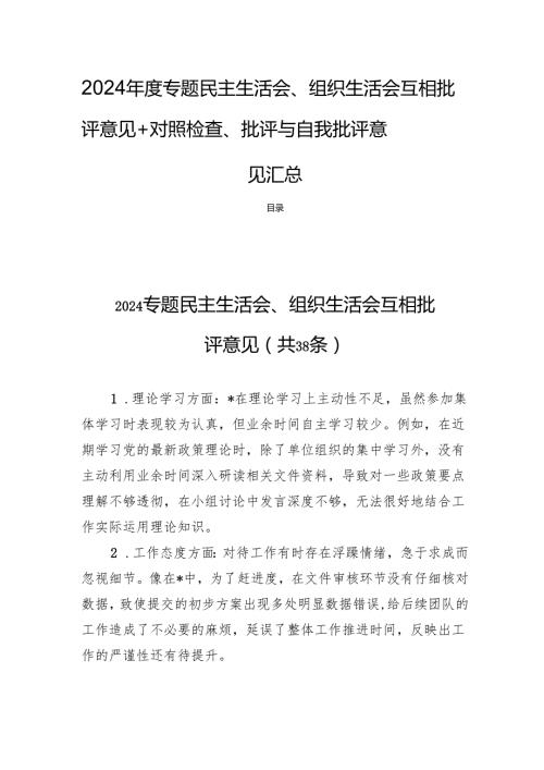 2024年度专题民主生活会、组织生活会互相批评意见+对照检查、批评与自我批评意见汇总.docx