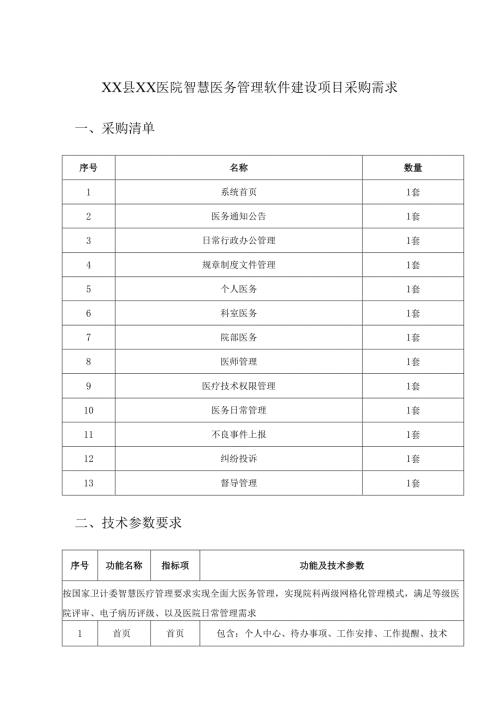 XX县XX医院智慧医务管理软件建设项目采购需求.docx