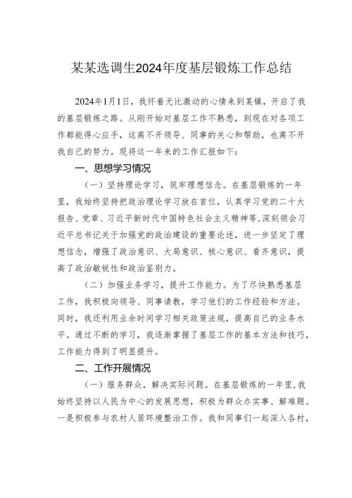 某某选调生2024年度基层锻炼工作总结.docx
