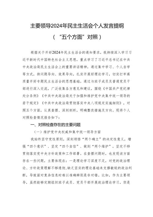 主要领导2024年民主生活会个人发言提纲（“五个方面”对照）.docx