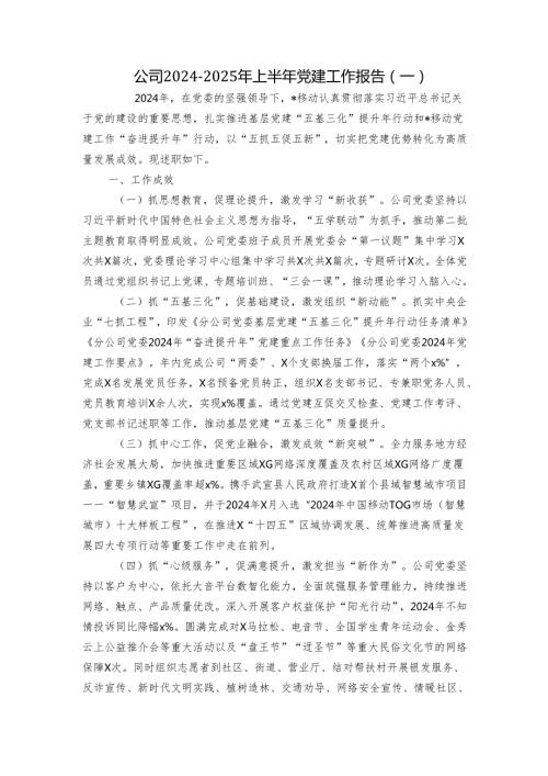 公司2024-2025年上半年党建工作报告（一）.docx