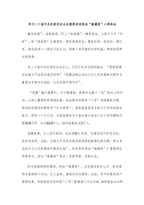 学习二十届中央纪委四次全会重要讲话惩治“微腐败”心得体会.docx